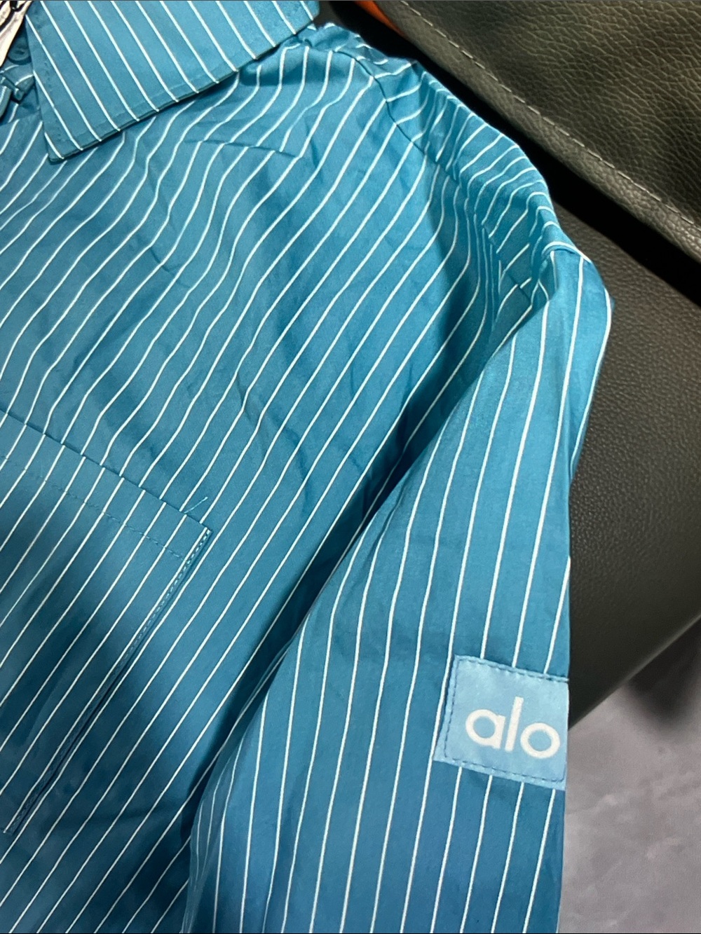 ALO Yoga Teal Blue Pinstripe Button-Down Shirt - Picture 7 of 9